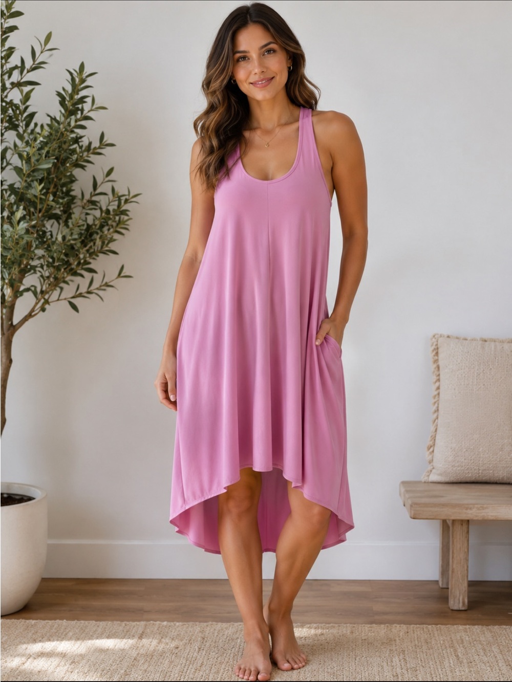 Athleta Slip Dress Womens XXS Pink High Low Midi Pockets Summer